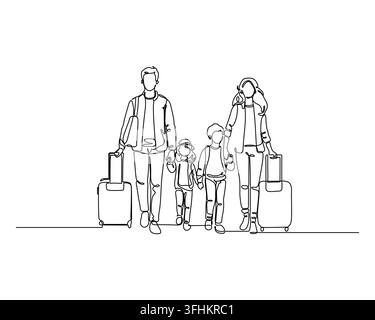Famille de quatre personnes, y compris les parents et deux enfants, marche ensemble en tirant des valises Cette illustration en art linéaire continu représente les vacances de voyage un Illustration de Vecteur