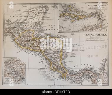 Carte de l'Amérique centrale, encart des Antilles, cartographie détaillée, gravure du XIXe siècle. Banque D'Images