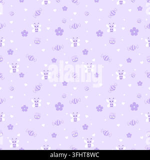 Motif pastel violet sans couture mignon mettant en scène des abeilles adorables, des bonbons rayés, des pots de miel, des fleurs, des cœurs et des étoiles scintillantes sur un fond lavande doux Illustration de Vecteur