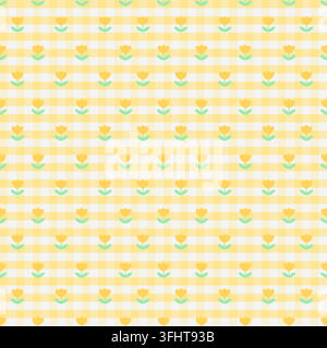 Motif sans couture mignon avec des fleurs de tulipes jaunes sur un fond doux en vichy pastel. Design floral doux pour tissu, papier peint, papier d'emballage et sta Illustration de Vecteur