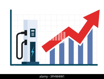 Illustration vectorielle montrant une station de recharge pour véhicules électriques à côté d'un graphique de tendance croissante avec une grande flèche rouge symbolisant l'expansion de l'industrie et la croissance des ventes. Illustration de Vecteur