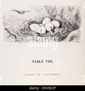 Illustration historique pour la Fable VII, « L’Aigle et l’Escarbot » (« L’Aigle et le Scarabée ») des Fables de La Fontaine, illustrée par Gustave Doré. L’gravure représente un aigle en vol au-dessus d’un nid contenant des œufs, avec un scarabée parmi le feuillage environnant. Tirée de l’édition française Fables de La Fontaine avec les dessins de Gustave Doré, Volume 1, publiée en 1867. Banque D'Images