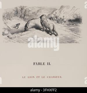 Gravure historique de Gustave Doré illustrant la Fable II, « Le Lion et le Chasseur » (« Le Lion et le Chasseur »), tirée des Fables de La Fontaine avec les dessins de Gustave Doré, Volume 1, publié en 1867. La scène représente un lion affrontant un chasseur dans un paysage accidenté, avec la légende imprimée visible en dessous. Banque D'Images