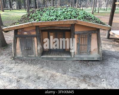 Maison Hanok coréenne miniature avec toit vert vivant sur l'île de Nami Banque D'Images