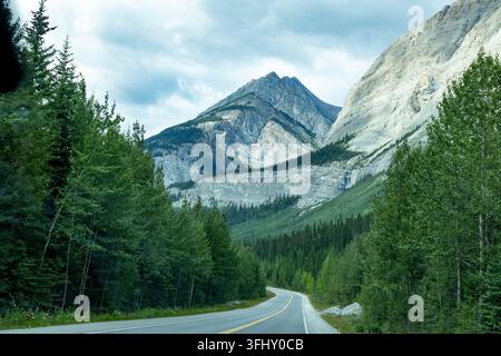 Route de montagne pittoresque serpentant à travers des forêts de pins sous un ciel nuageux, District d'amélioration no 9, Banff, Alberta, Canada Banque D'Images