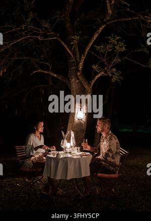 Dîner romantique sous un arbre dans le parc national du Kruger, en Afrique du Sud Banque D'Images