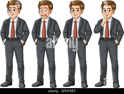 Illustration vectorielle d'un homme d'affaires en costume montrant des gestes d'inquiétude, de surprise, de confiance et de réflexion Illustration de Vecteur