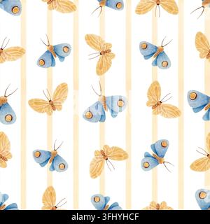 Motif rayé sans couture en aquarelle avec des papillons bleus et jaunes. Conception répétée dessinée à la main avec des papillons. Banque D'Images