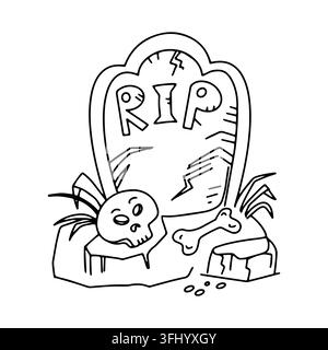 Dessin de squelette de pierre tombale pour Halloween RIP, croquis de doodle vectoriel. Illustration de décoration saisonnière moderne et minimaliste. Célébration des fêtes automnale Illustration de Vecteur