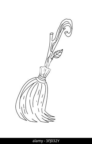 Icône de croquis de vecteur de brouille de balai de sorcière d'Halloween. Illustration de décoration saisonnière minimaliste moderne et effrayante. Célébration des fêtes automne Illustration de Vecteur