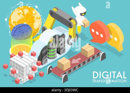Illustration conceptuelle plate isométrique en 3D de la transformation numérique. Banque D'Images