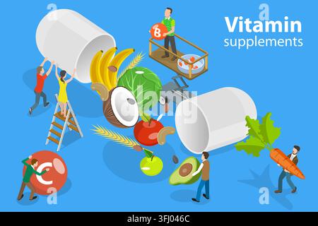 Illustration conceptuelle plate isométrique en 3D d'un complément nutritionnel. Banque D'Images