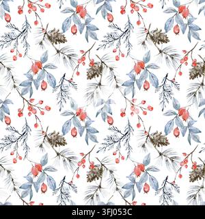 Un motif floral aquarellé d'hiver dessiné à la main sans couture. Branches de pin bleues, genévrier, baies rouges Banque D'Images