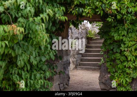 Une vieille arche en pierre lourdement recouverte d’un feuillage vert vif et de vignes grimpantes, révélant un chemin et des marches en pierre menant vers l’arrière à Kirkkonu Banque D'Images