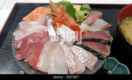 Un set de sushi et sashimi premium artistiquement arrangé mettant en vedette divers poissons frais dont du saumon, du thon et du poisson blanc, garni d'accompagnements traditionnels Banque D'Images