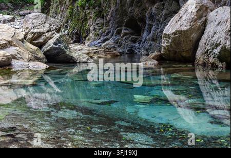 Eaux turquoise du fleuve Sanzhanxi à Taïwan. De gros rochers de granit bordent le ruisseau de montagne clair à Hualien. Paysage du parc national des gorges de Taroko. Banque D'Images