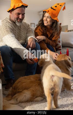 Couple assis sur un canapé portant des chapeaux en citrouille, tenant un jouet citrouille, caressant un chien avec des cornes rouges. Confortable, lanterne d’Halloween, citrouille, automne Banque D'Images