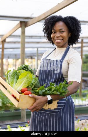 Femme afro-américaine en tablier rayé tenant une caisse en bois de laitue et de tomates dans une serre. Serre, jardinage, récolte Banque D'Images