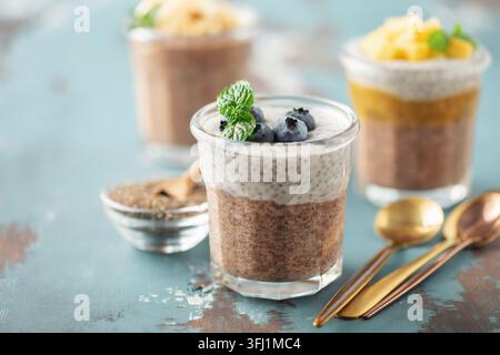 Pudding au chia au chocolat de lait de coco avec mangue, myrtilles et banane dans un verre. Banque D'Images