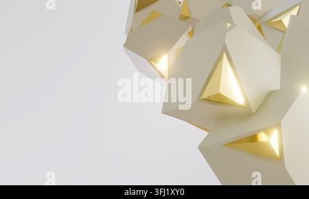 Cubes blancs et pièces dorées, isolés sur fond blanc, formes géométriques abstraites, rendu 3D. Banque D'Images