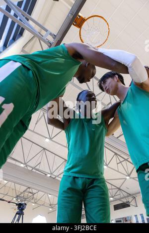 Équipe masculine de basket-ball diversifiée en maillots verts blottis sous le cerceau dans la salle de gym, reliant les bras par trépied. Gymnase, jante, caméra, angle bas, coordination, équipe Banque D'Images