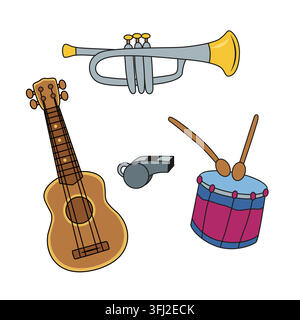Ensemble d'instruments de musique traditionnels du carnaval avec petite guitare, trompette, tambour et sifflet isolés sur fond blanc. Illustration vectorielle dessinée à la main Illustration de Vecteur
