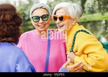 Amies retraitées se rencontrent dans le parc, bavardant et riant joyeusement. Concept d'amitié et d'âge doré. Banque D'Images