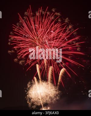 Des feux d'artifice rouge éclatant éclatent au-dessus d'un nuage dense d'étincelles dorées lors d'un spectacle nocturne spectaculaire. Banque D'Images