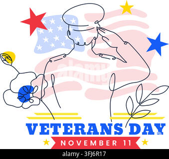 Illustration vectorielle joyeuse du Veterans Day le 11 novembre mettant en vedette le drapeau des États-Unis et des soldats, honorant tous ceux qui ont servi Illustration de Vecteur