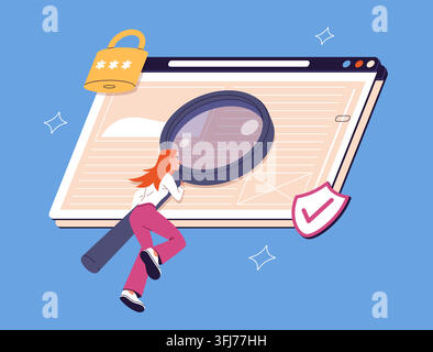 Le concept de recherche Internet sécurisée. Une fille en vol avec une loupe parcourt un site web. Illustration moderne et plate de style cartoon isolée sur blanc Illustration de Vecteur
