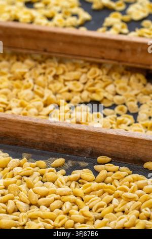 Séchage traditionnel de pâtes orecchiette à la main à Bari, Italie Banque D'Images