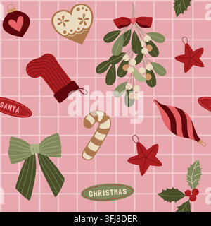 Motif sans couture de Noël avec carreaux, biscuit de Noël, gui, baie de houx et boules de Noël pour emballages saisonniers ou arrière-plan Illustration de Vecteur