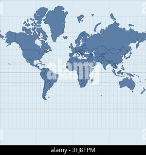 atlas monde mercator océan bleu projection modifiable atlas carte du monde avec frontières de pays modifiables avec lignes de graticule sur une projection géographique pour Illustration de Vecteur