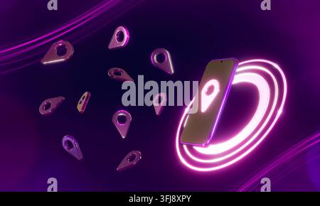 Smartphone et symbole d'emplacement en verre lumineux sur fond violet foncé, rendu 3D. Banque D'Images