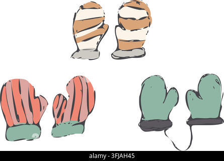 Ensemble de gants d'hiver en doodle avec accessoires confortables pour les mains Illustration de Vecteur
