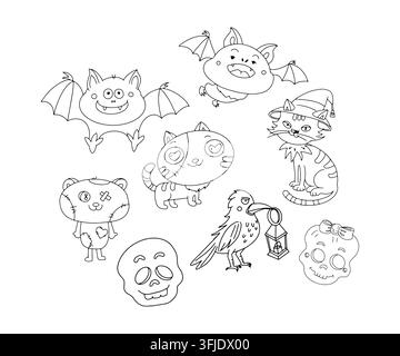 Ensemble de personnages de contour vectoriels mignons pour Halloween. Illustration effrayante de chauves-souris, chats, crâne, corbeau en dessin animé. Parfait pour les décorations de cartes de vacances d'automne. Illustration de Vecteur