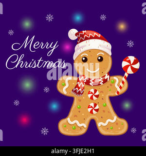 Un homme en pain d'épice mignon avec l'inscription Joyeux Noël sur un fond violet foncé avec un bokeh festif et des flocons de neige. Illustration de Vecteur