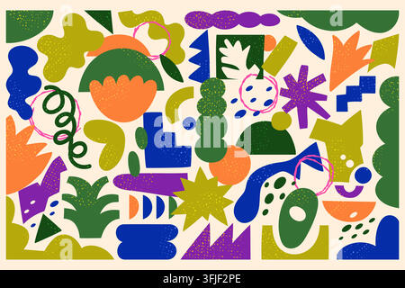 Collage abstraite audacieuse de formes organiques colorées, gribouillis, feuilles, taches, étoiles et formes géométriques avec texture granuleuse sur fond beige pour illustration vectorielle de design de poster moderne Illustration de Vecteur