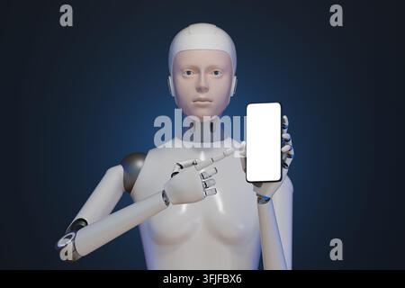 Portrait d'un robot humanoïde féminin affichant un écran de téléphone mobile. Illustration 3D. Banque D'Images