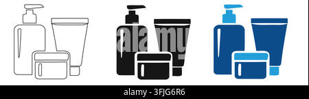 Collection d'icônes de produits cosmétiques en contour noir uni avec des affichages de trois représentations visuelles distinctes de contenants de cosmétiques avec variations Illustration de Vecteur