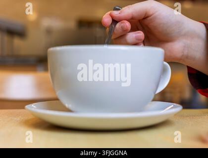 Gros plan d'une main tenant une cuillère à thé en métal qui remue une boisson chaude dans une grande tasse en céramique blanche sur une soucoupe assortie, surface en bois de table visible dans le flou de l'arrière-plan Banque D'Images