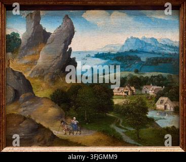 Paysage avec la Fuite en Égypte, 1516-1517, Joachim Patinir (Dinant 1475/1480 - Anvers 1524), KMSKA, Musée royal des beaux-arts, Anvers, Belgique. Banque D'Images