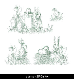 Vignettes de lapin de Pâques monochromes vertes avec paniers d'œufs et fleurs du printemps Motif sans couture Illustration de Vecteur