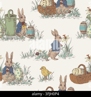 Scènes de jardin vintage avec lapin de Pâques et œufs peints Motif sans couture dessiné à la main Illustration de Vecteur