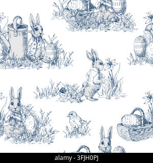 Croquis de jardin de lapin de Pâques monochrome bleu Motif sans couture dessiné à la main sur fond blanc Illustration de Vecteur