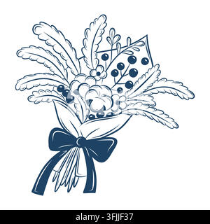 Illustration vectorielle d'un bouquet botanique d'hiver avec des baies et un nœud en art linéaire bleu foncé Illustration de Vecteur