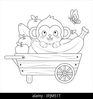 Singe de la jungle assis dans un chariot en bois avec des fruits frais et un contour de papillon à colorier pour enfants, vecteur Illustration de Vecteur