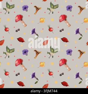 Motif automnal avec champignons, insectes, fleurs, feuilles et baies peints à l'encre et à l'aquarelle sur un fond gris clair. Convient pour le textile et Banque D'Images
