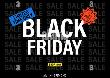 Bannière de vente du Black Friday avec étiquette de réduction promotionnelle, fond vectoriel d'offre limitée dans le temps Illustration de Vecteur