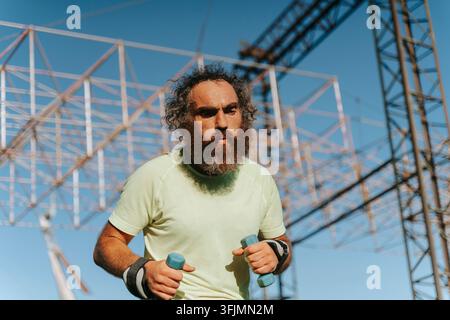 Homme barbu engagé dans un entraînement concentré et déterminé avec des haltères dans un cadre industriel extérieur, capturé depuis un angle bas en gros plan, avec des tons verts et bleus, concentré. Banque D'Images
